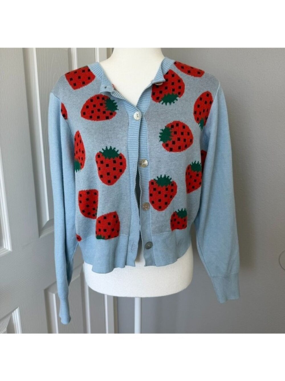 Ban.do Strawberry Print Light Blue Cashmere Blend Cardigan Size Medium